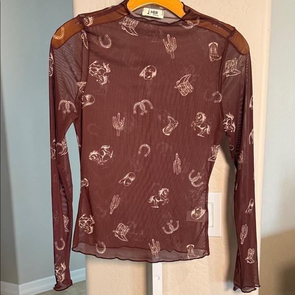 J.Her Tops - J.Her Sheer Long Sleeve Top with Western Print